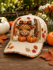 Unisex Vintage Autumn Cute Highland Cow Pumpkin Maple Leaf Art Print Hat