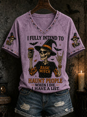 Women's Funny Halloween Skull Witch Print Casual V-Neck Tee