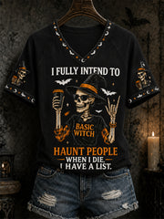 Women's Funny Halloween Skull Witch Print Casual V-Neck Tee
