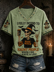Women's Funny Halloween Skull Witch Print Casual V-Neck Tee