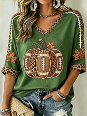 Women's Autumn Pumpkin Pattern Casual Mid-length Sleeves V-Neck T-Shirt