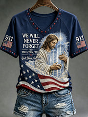 Women's WE WILL NEVER FORGET 2001/25TH/2026 God Bless America T-shirt