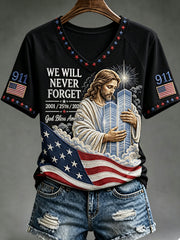 Women's WE WILL NEVER FORGET 2001/25TH/2026 God Bless America T-shirt