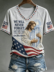 Women's WE WILL NEVER FORGET 2001/25TH/2026 God Bless America T-shirt