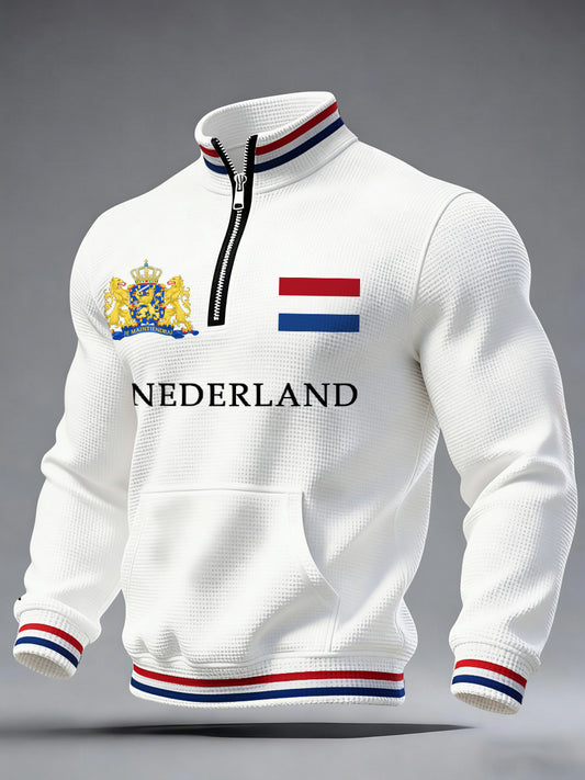 Heren Nederland Vlag Print Casual Waffle Sweatshirt