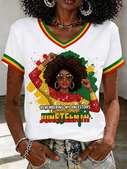 Women's Juneteenth Remebering My Ancestors Print V-Neck Tee