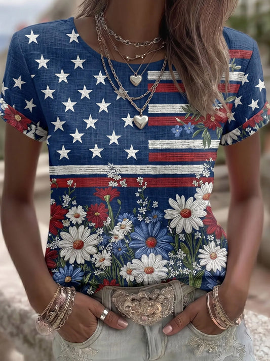 Women's Vintage Independence Day Flag Flower Art Print Linen Short Sleeves Top
