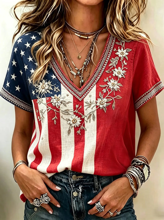 Women's Vintage Independence Day Flag Flower Art Print Linen Short Sleeves Top
