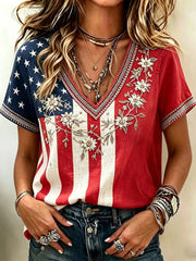 Women's Vintage Independence Day Flag Flower Art Print Linen Short Sleeves Top