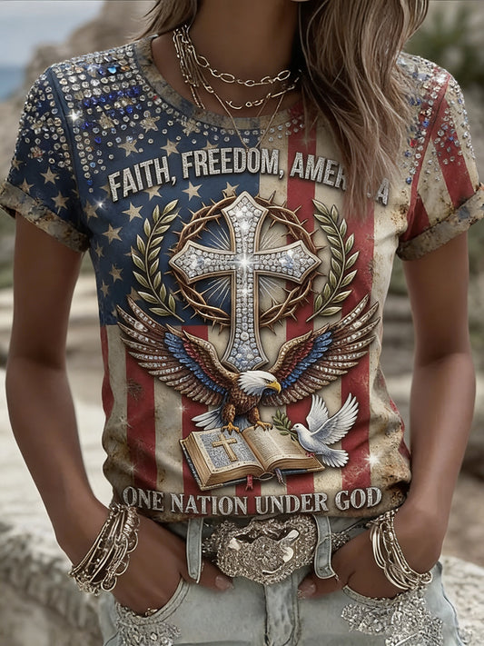 Women's Vintage Independence Day Flag Art One Nation Under God Short Sleeve T-shirt