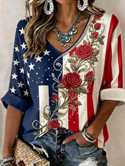 Women's Vintage Independence Day Flag Flower Art Print Linen  V-Neck Shirt