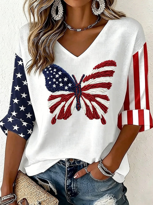 Women's Vintage Independence Day Butterfly Flag Art  Waffle T-shirt