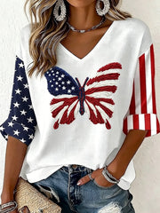 Women's Vintage Independence Day Butterfly Flag Art  Waffle T-shirt