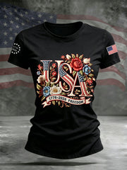 Women's Independence Day Floral USA Flag Print Casual Tee