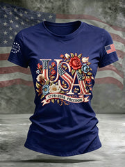 Women's Independence Day Floral USA Flag Print Casual Tee
