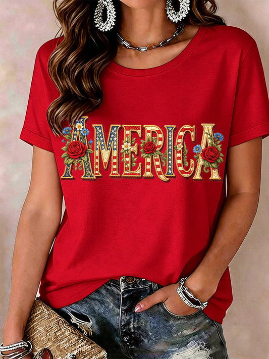 Women's America Floral Pattern T-Shirt