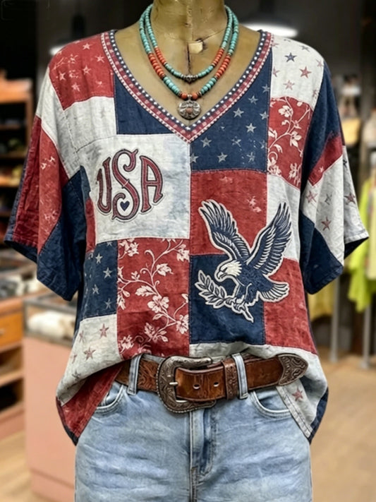 Women's Vintage Mixed American Flag Print Embroidered Cotton Top