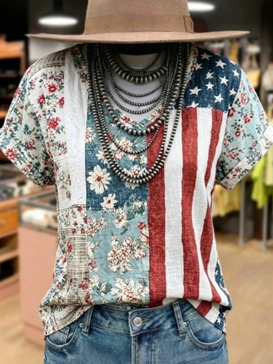 Women's American Flag Floral Print V- Neck Patchwork Cotton T-Shirt
