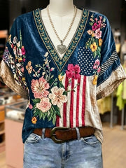Women's Boho American Flag Flower Embroidered V-Neck Cotton Top
