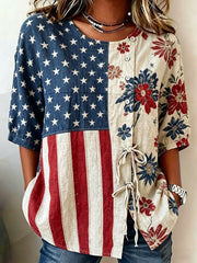 Women's America Flag Floral Print Cotton-Linen Button-Front Top with Ties