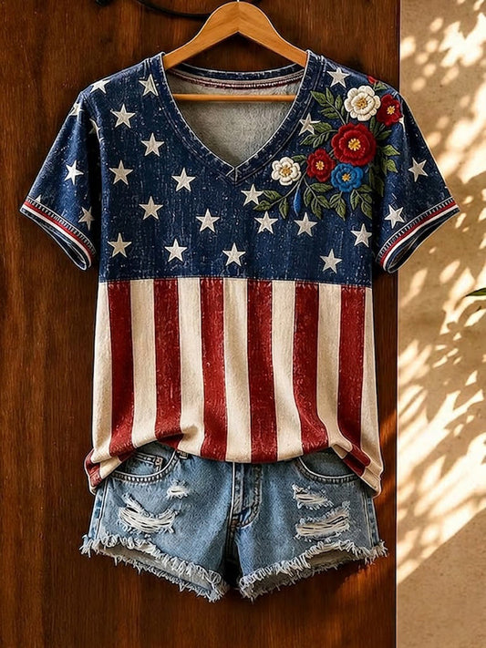 Women's America Floral linen Printed Casual V-neck T-Shirt