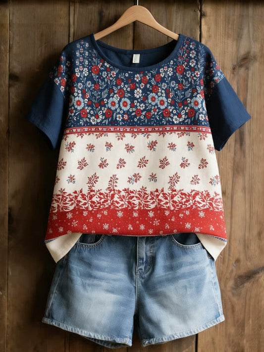 Women's America Floral linen Printed Casual T-Shirt