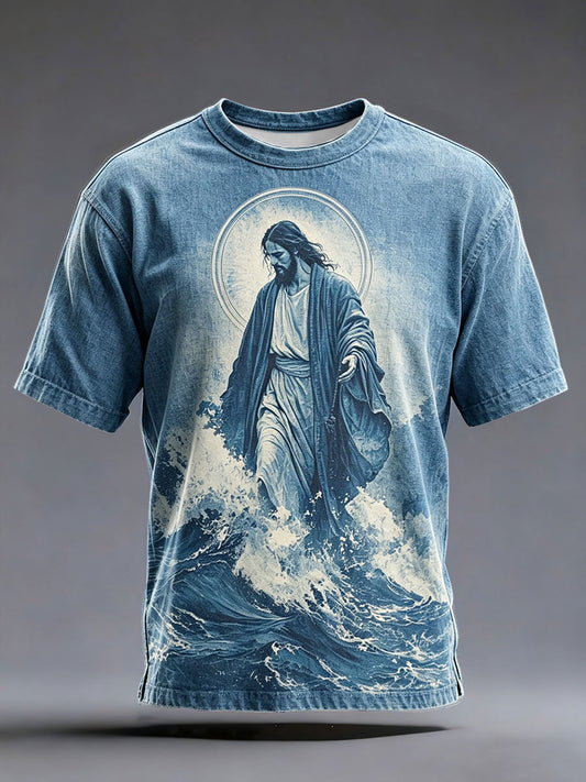 Unisex Jesus Denim Art Printed Linen Shirt