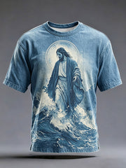 Unisex Jesus Denim Art Printed Linen Shirt