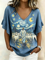Women's Jesus Denim Art Printed Linen Shirt