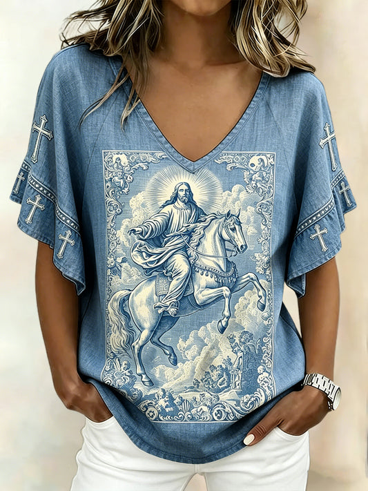 Women's Jesus Denim Art Printed Linen Shirt
