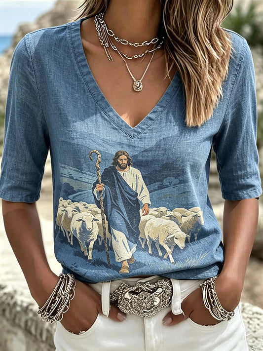 Women's Jesus Denim Art Printed Linen Shirt
