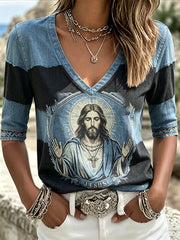 Women's Jesus Denim Art Printed Linen Shirt