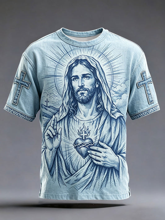 Unisex Jesus Denim Art Printed Linen Shirt