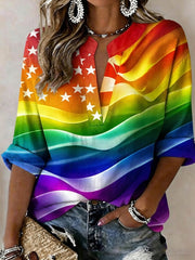 Women's Pride Month Rainbow Flag Printed  Cotton-Linen Top