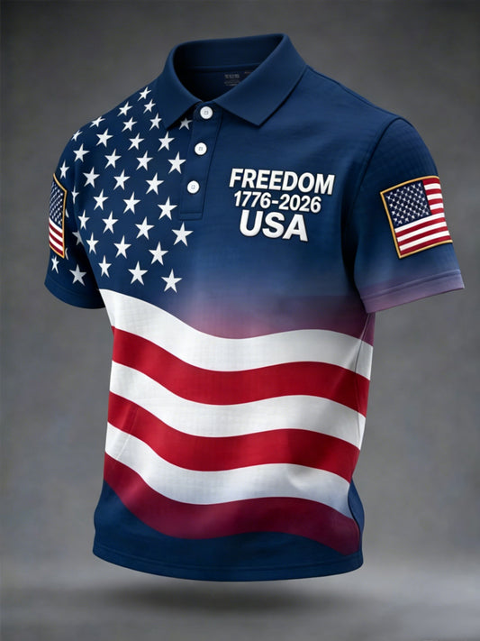 Men's Freedom 1776-2026 USA Flag Print Casual Independence Day Patriotic Polo