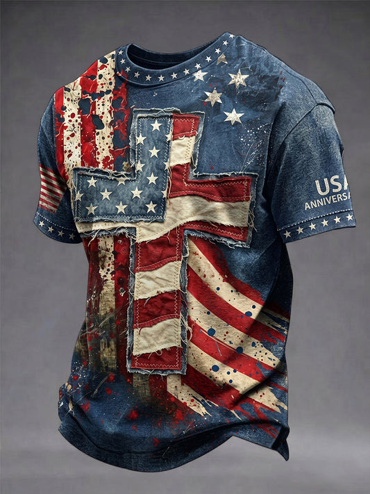Men's Retro Independence Day Flag Pattern Casual Short Sleeve T-shirt