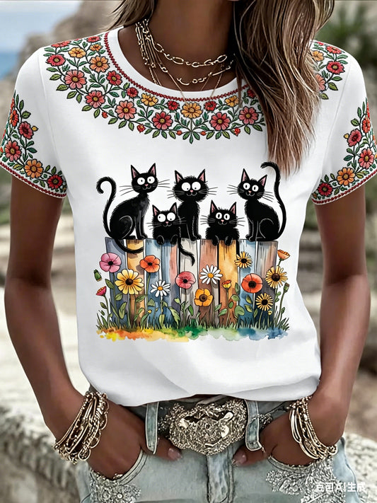 Women's Cute Floral Black Cats Print Casual Tee