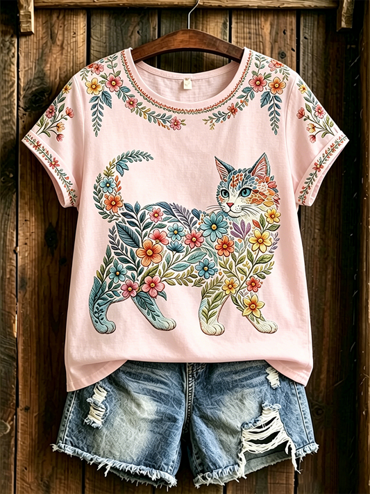 Women's Floral Cats Print Casual Tee