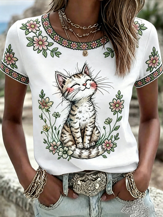 Women's Cute Floral Cat Print Casual Tee