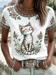 Women's Cute Floral Cat Print Casual Tee