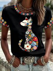 Women's Floral Cat Print Casual Tee
