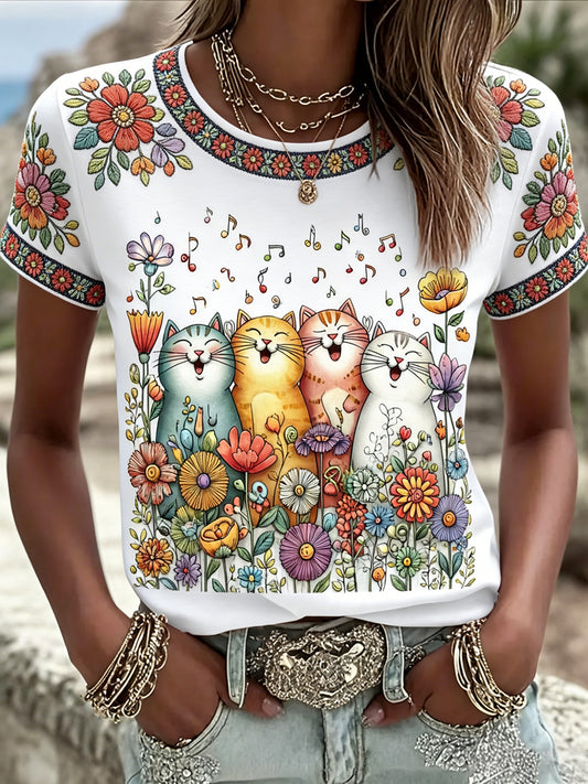 Women's Cute Floral Cats Print Casual Tee