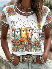 Women's Cute Floral Cats Print Casual Tee