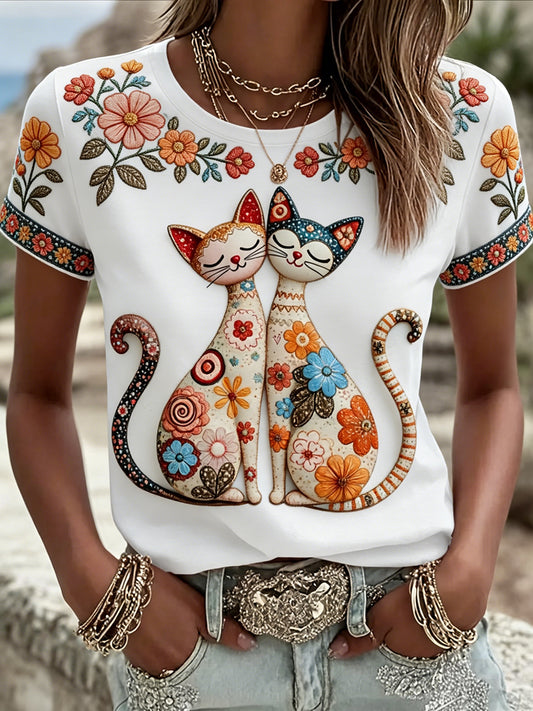 Women's Cute Floral Cats Print Casual Tee