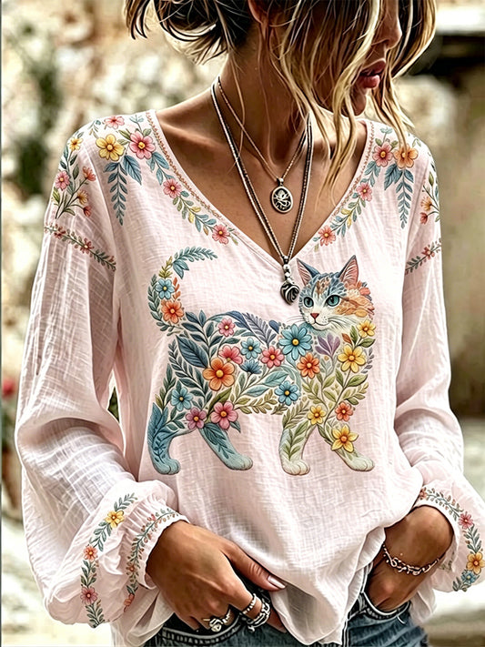 Women's Floral Cats Print Casual Long Sleeve V-Neck Top