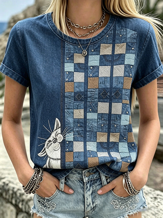 Women's Vintage  Cute Cats Patchwork Cotton Linen Crew Neck Short Sleeves Top