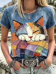 Women's Lovely Sleeping Cat Colorblock Patchwork Art Cotton Linen Crew Neck Short Sleeve Top