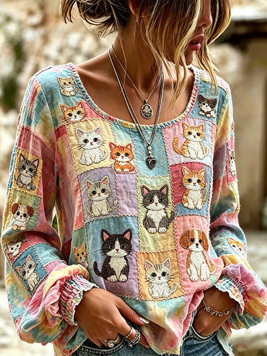 Women's Cat Dog Cartoon Art Spliced Cotton Linen Crew Neck Long Sleeve Top
