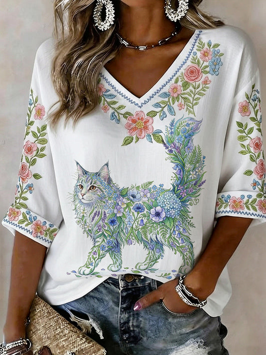 Women's Floral Cat Print Casual Half Sleeve Shirt