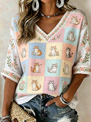Women's Plants And Flowers Cute Cat Print Casual T-shirt